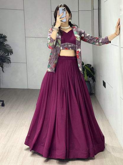 Wine Pure Faux Georgette Silk Classical Foil Printed Koti Lehenga Choli 