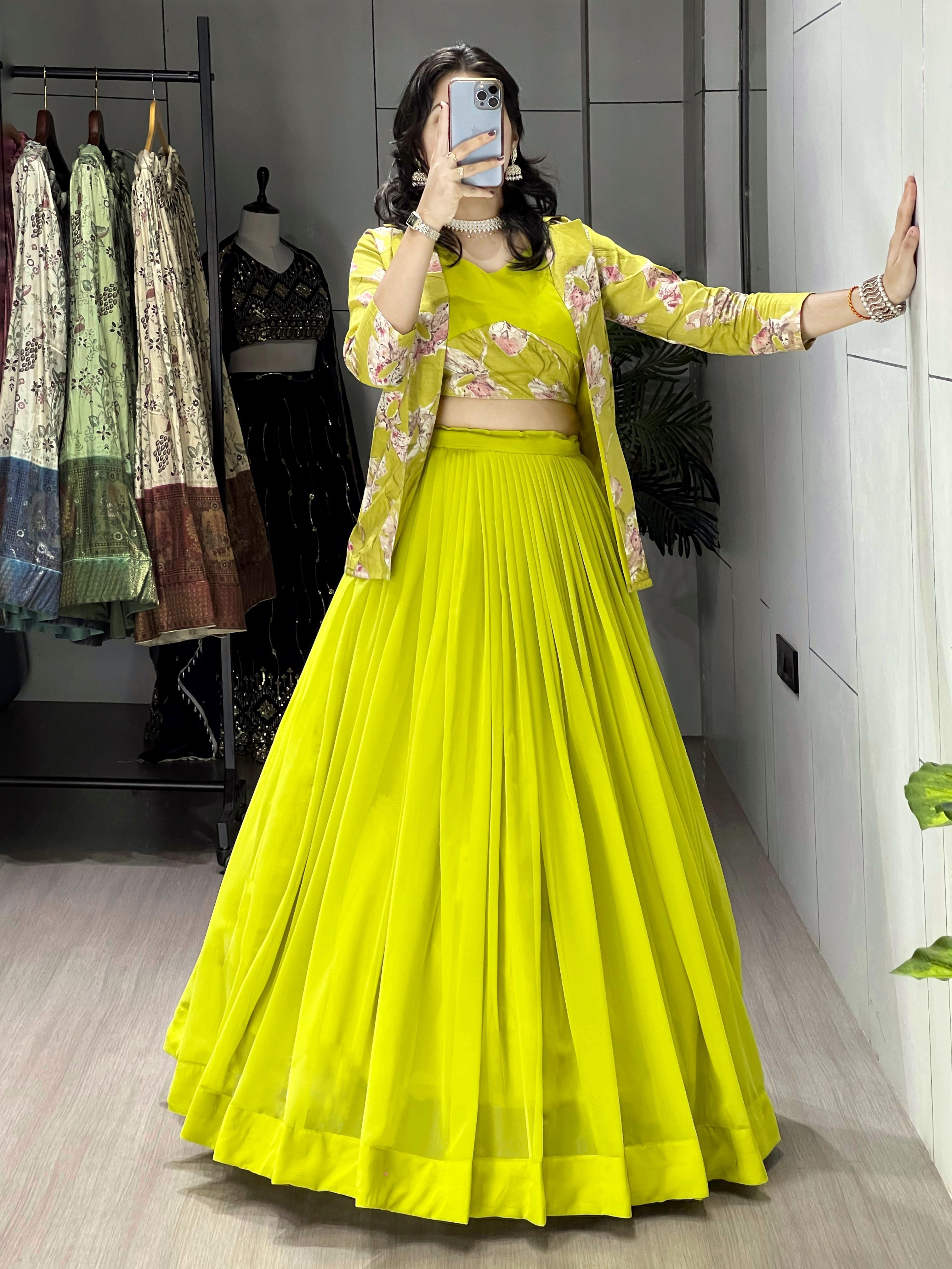 Parrot Pure Faux Georgette Silk Classical Foil Printed Koti Lehenga Choli 