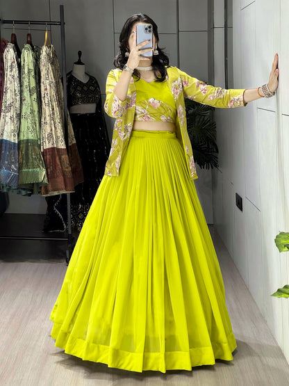 Parrot Pure Faux Georgette Silk Classical Foil Printed Koti Lehenga Choli 