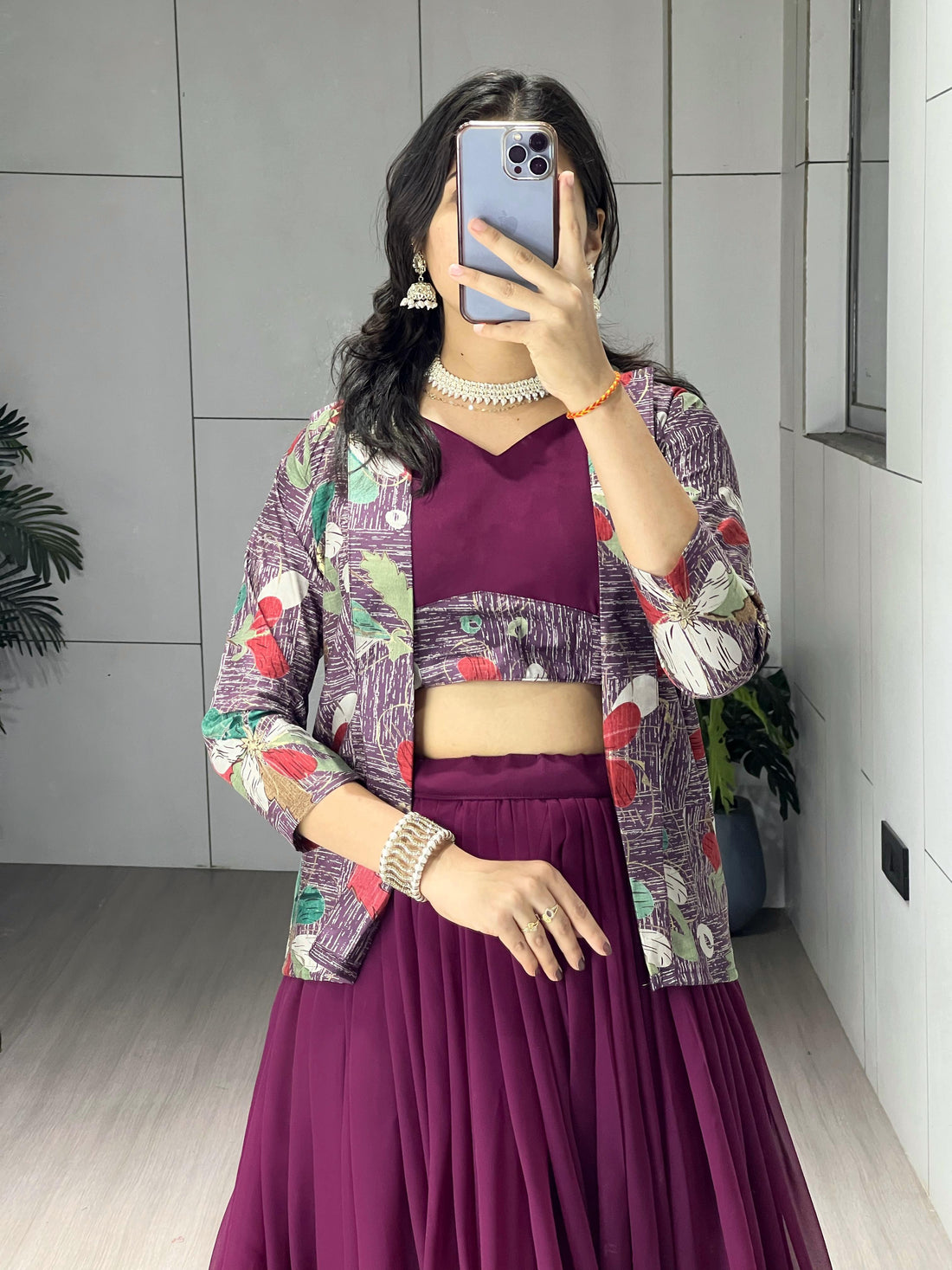 Wine Pure Faux Georgette Silk Classical Foil Printed Koti Lehenga Choli 