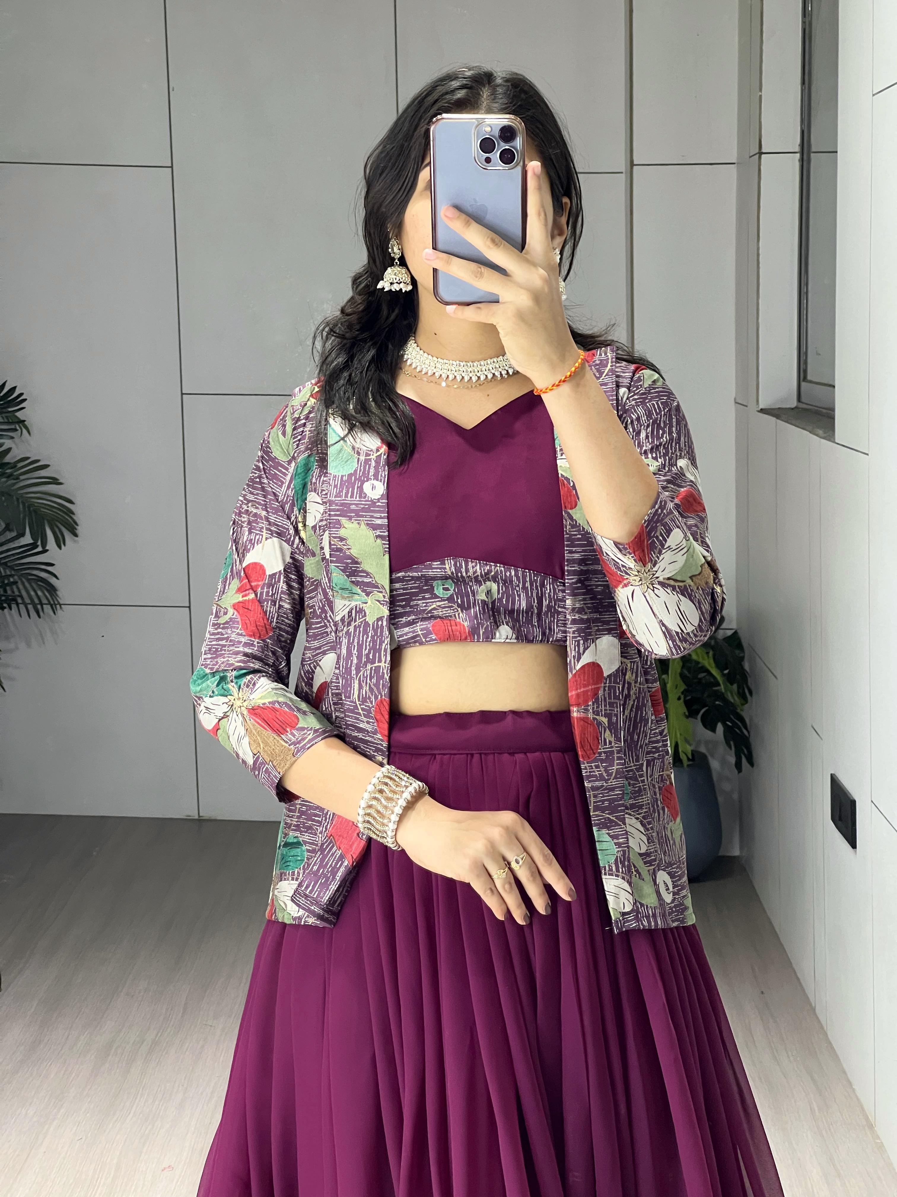 Wine Pure Faux Georgette Silk Classical Foil Printed Koti Lehenga Choli 