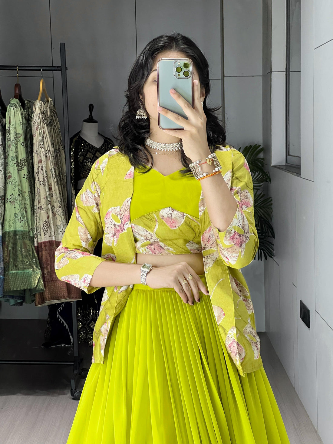 Parrot Pure Faux Georgette Silk Classical Foil Printed Koti Lehenga Choli 