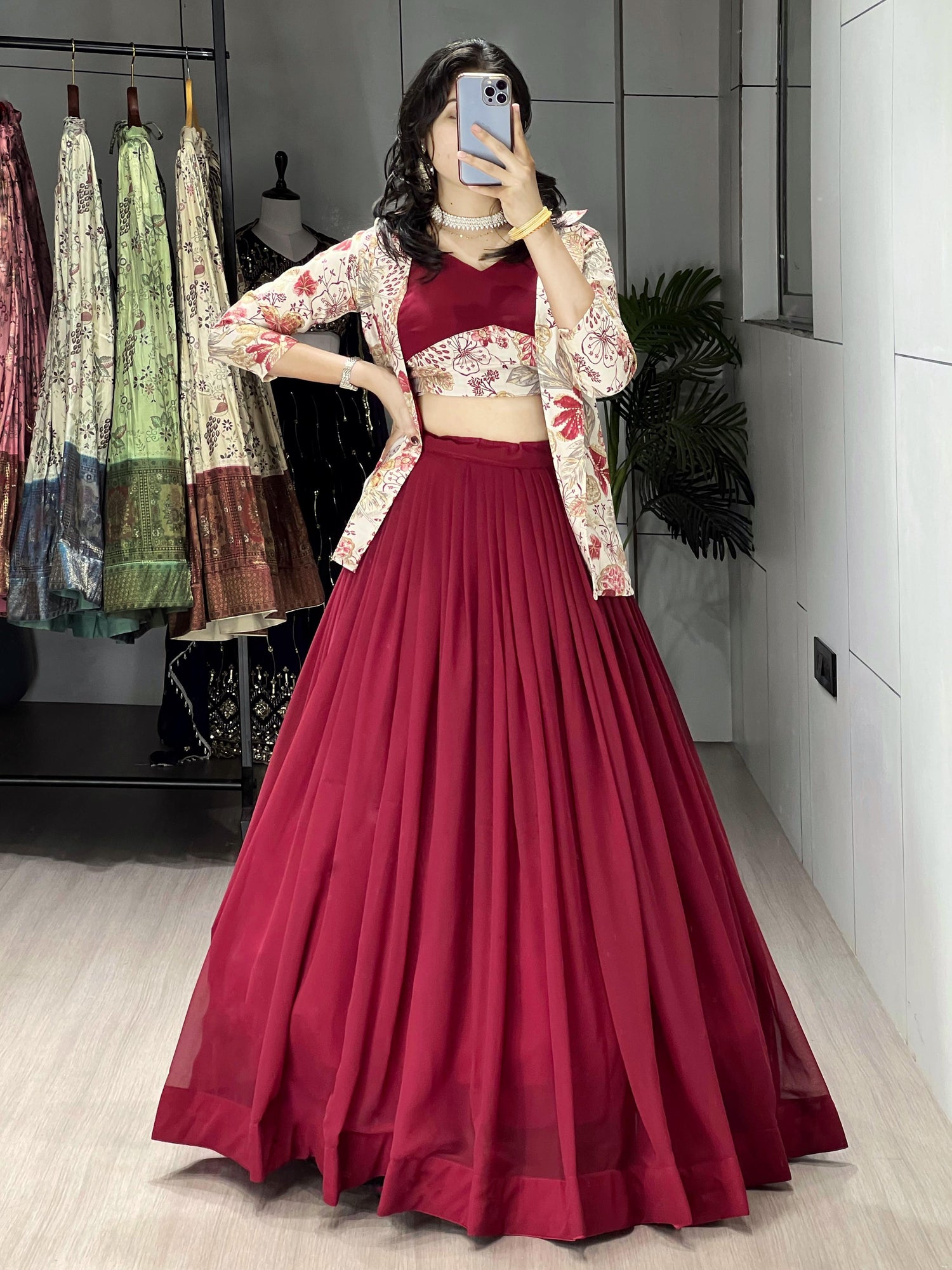 Maroon Pure Faux Georgette Silk Classical Foil Printed Koti Lehenga Choli 