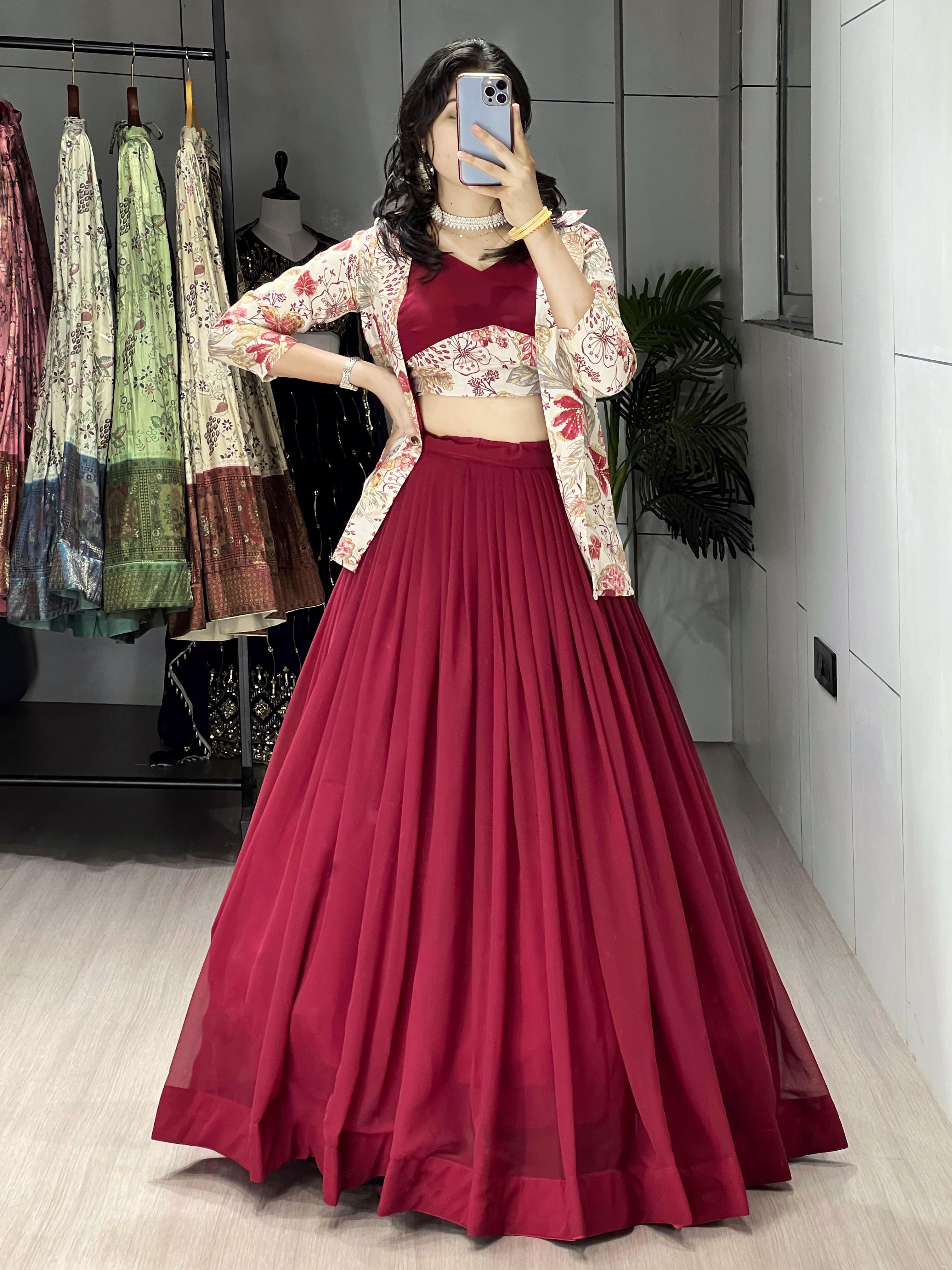 Maroon Pure Faux Georgette Silk Classical Foil Printed Koti Lehenga Choli 
