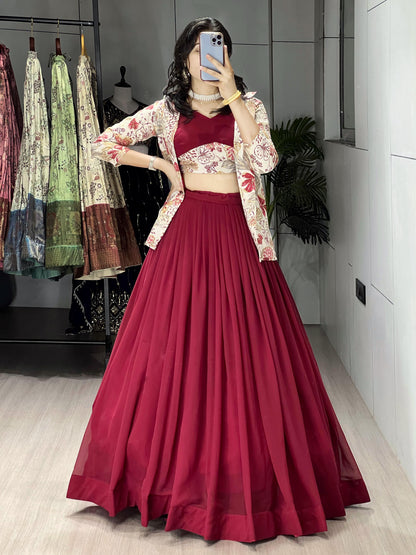 Maroon Pure Faux Georgette Silk Classical Foil Printed Koti Lehenga Choli 