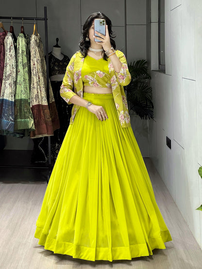Parrot Pure Faux Georgette Silk Classical Foil Printed Koti Lehenga Choli 