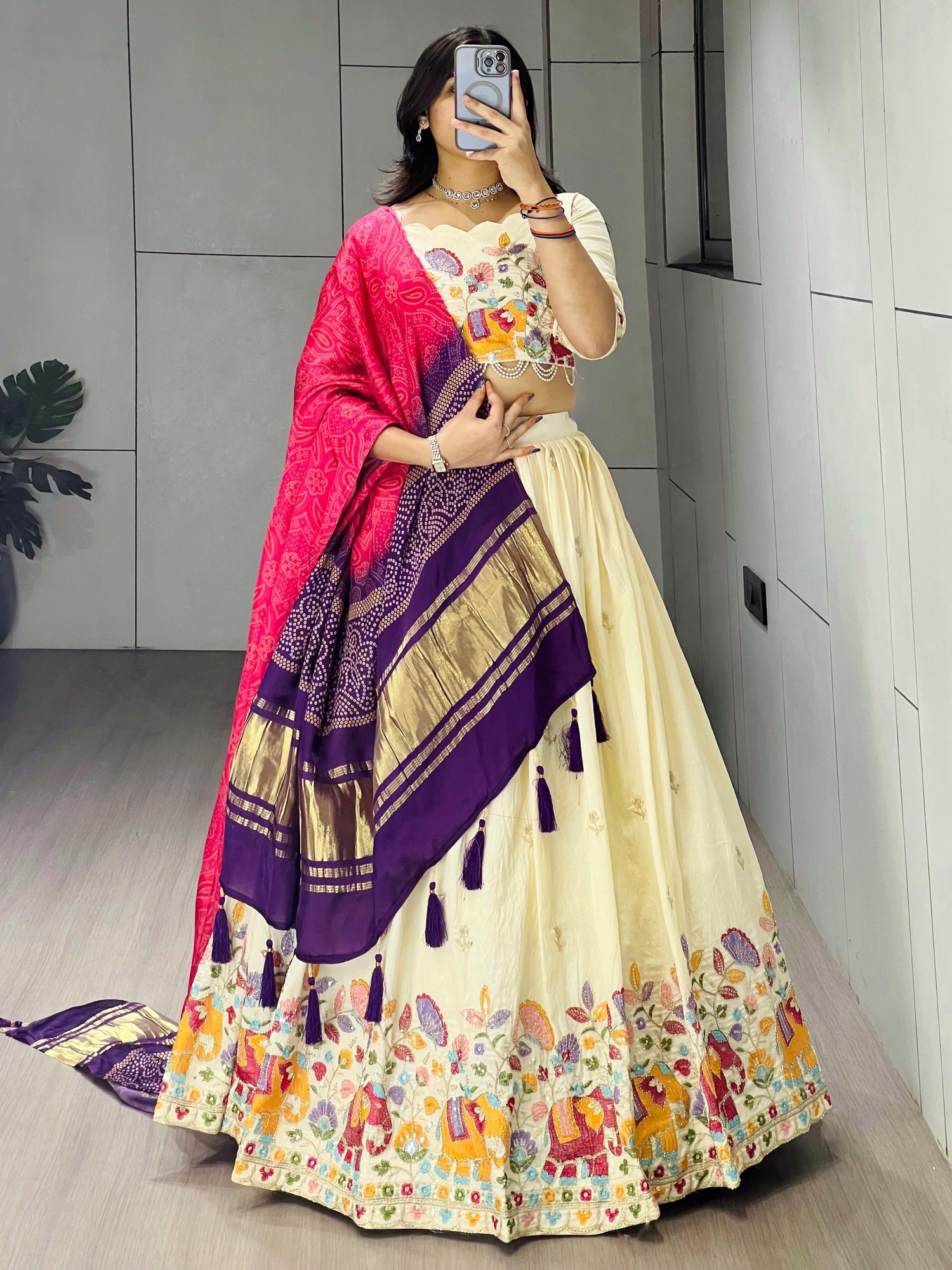 Cream Rani Pure Crush Vichitra Rich Semi Beads Embroidery Work Lehenga Choli 