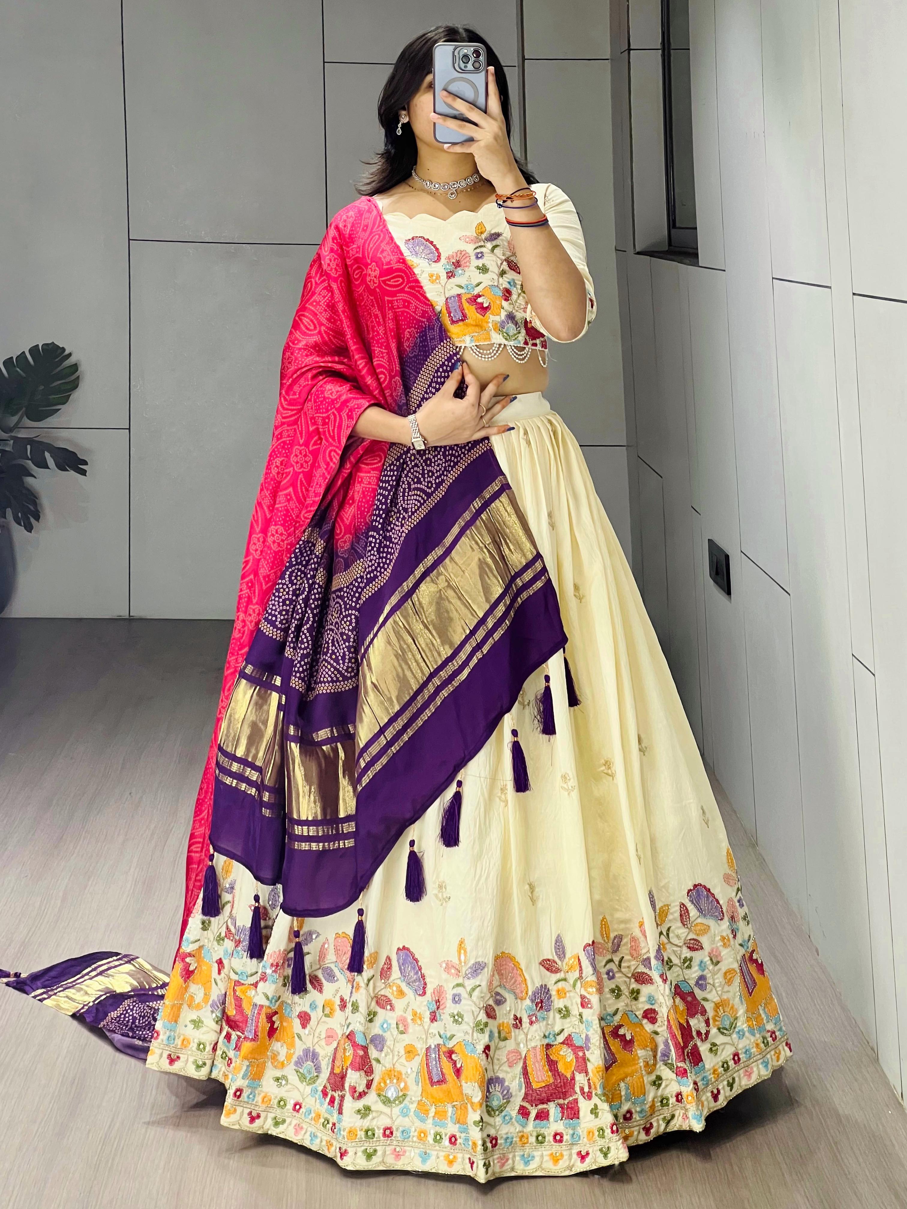 Cream Rani Pure Crush Vichitra Rich Semi Beads Embroidery Work Lehenga Choli 