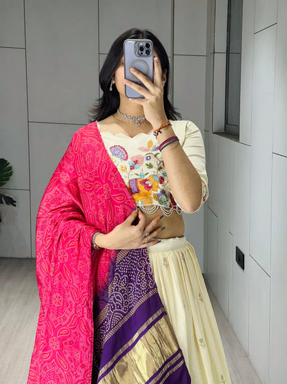 Cream Rani Pure Crush Vichitra Rich Semi Beads Embroidery Work Lehenga Choli 