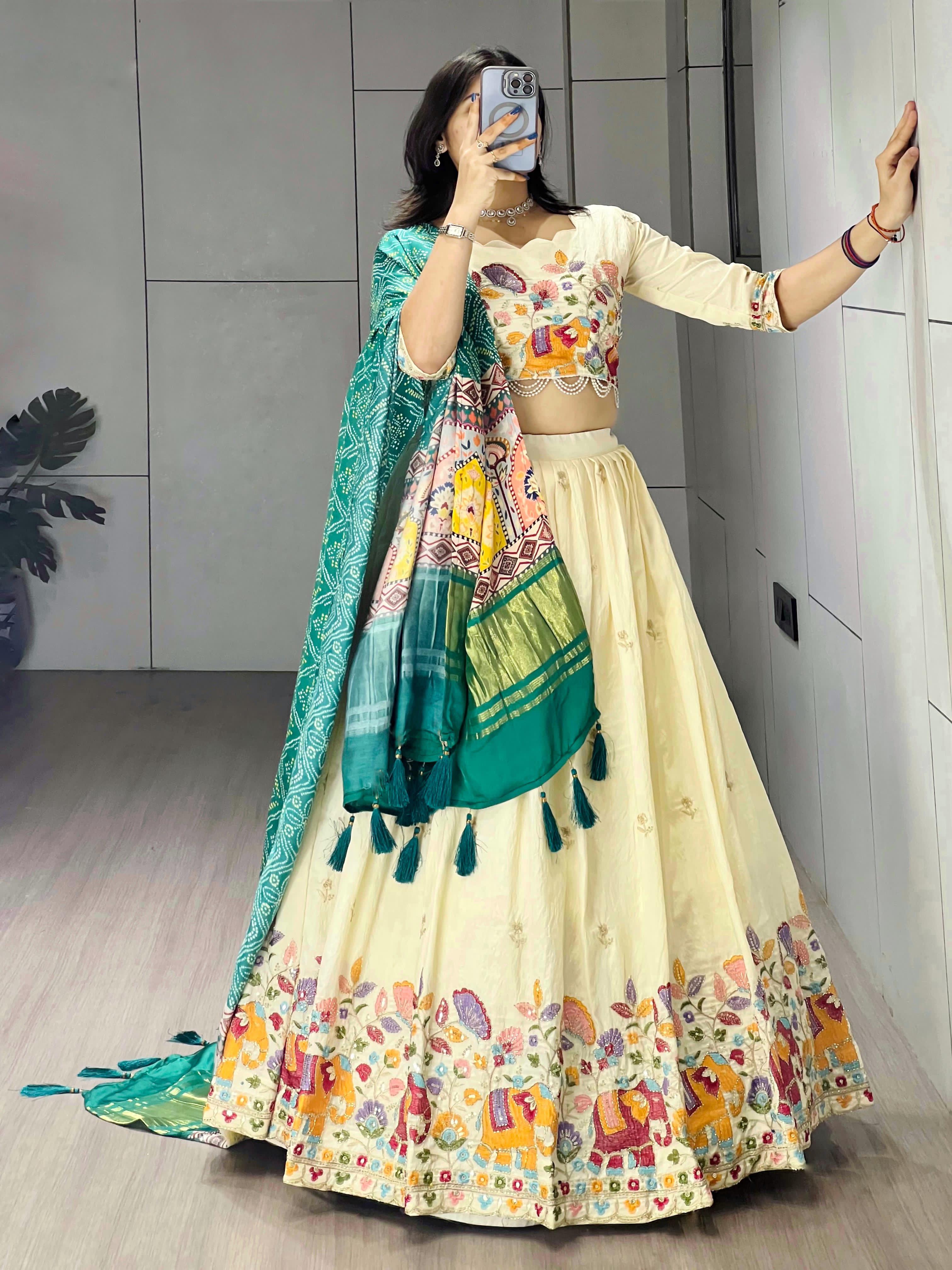 Cream Rama Pure Crush Vichitra Rich Semi Beads Embroidery Work Lehenga Choli 