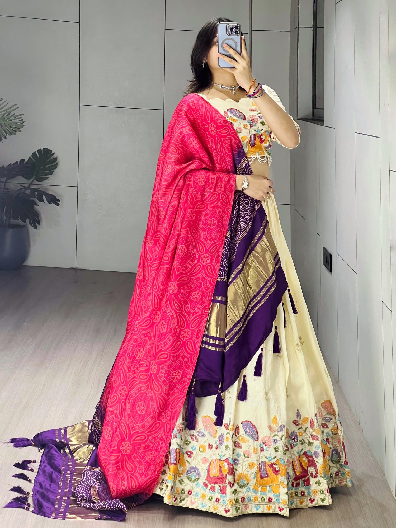 Cream Rani Pure Crush Vichitra Rich Semi Beads Embroidery Work Lehenga Choli 