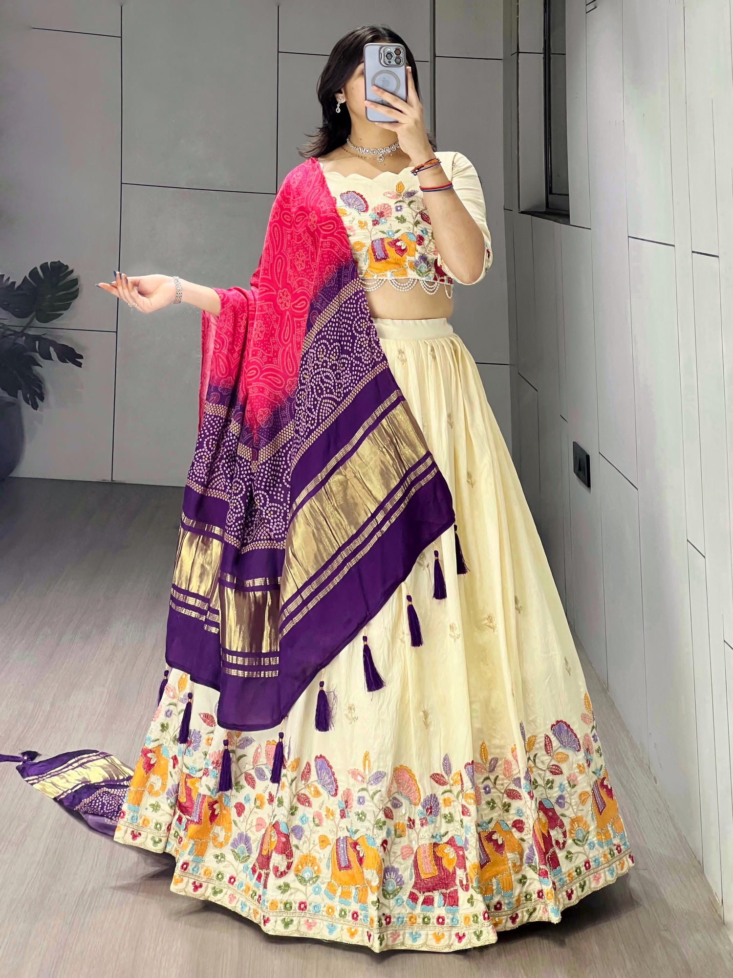 Cream Rani Pure Crush Vichitra Rich Semi Beads Embroidery Work Lehenga Choli 