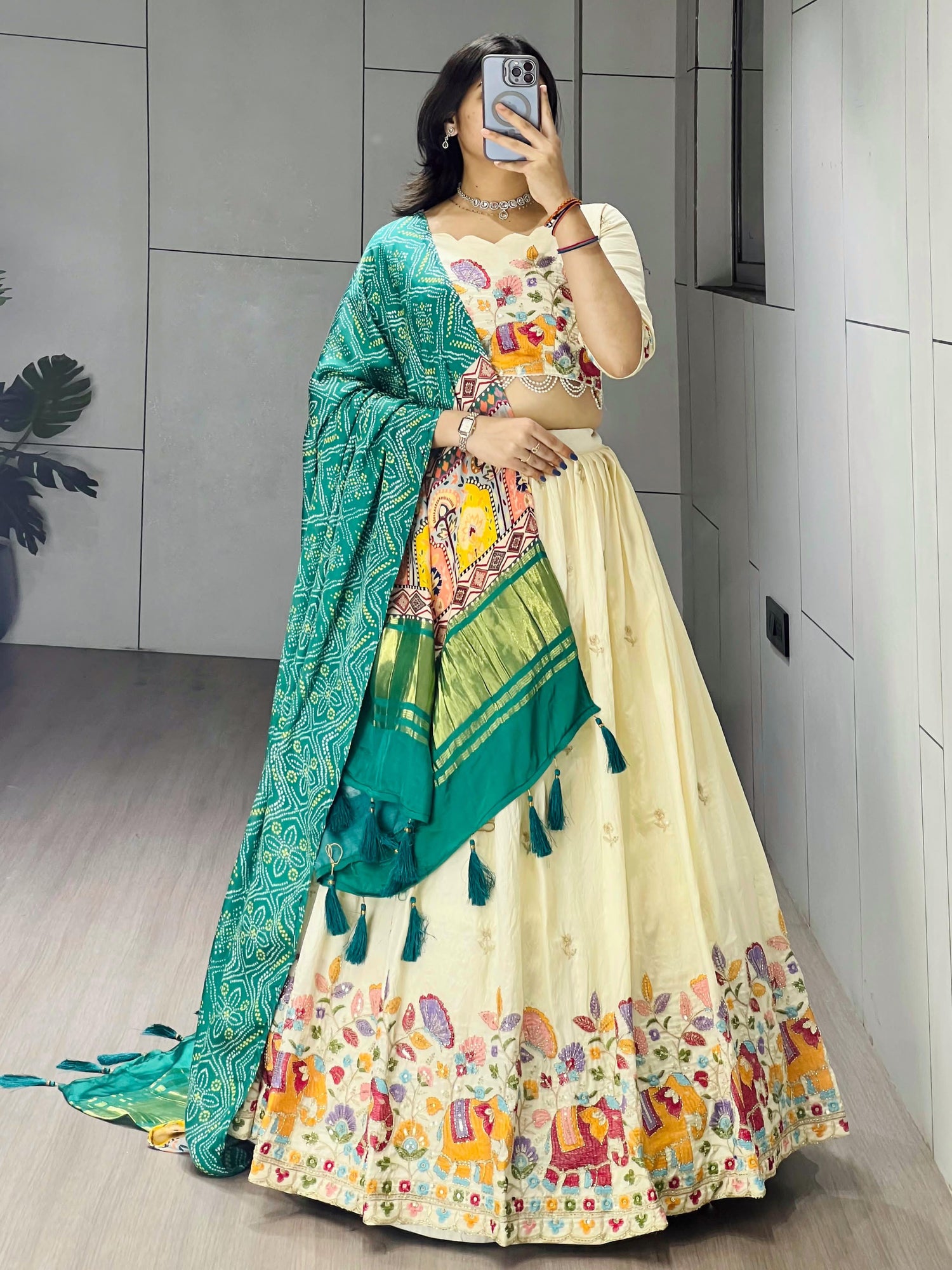 Cream Rama Pure Crush Vichitra Rich Semi Beads Embroidery Work Lehenga Choli 