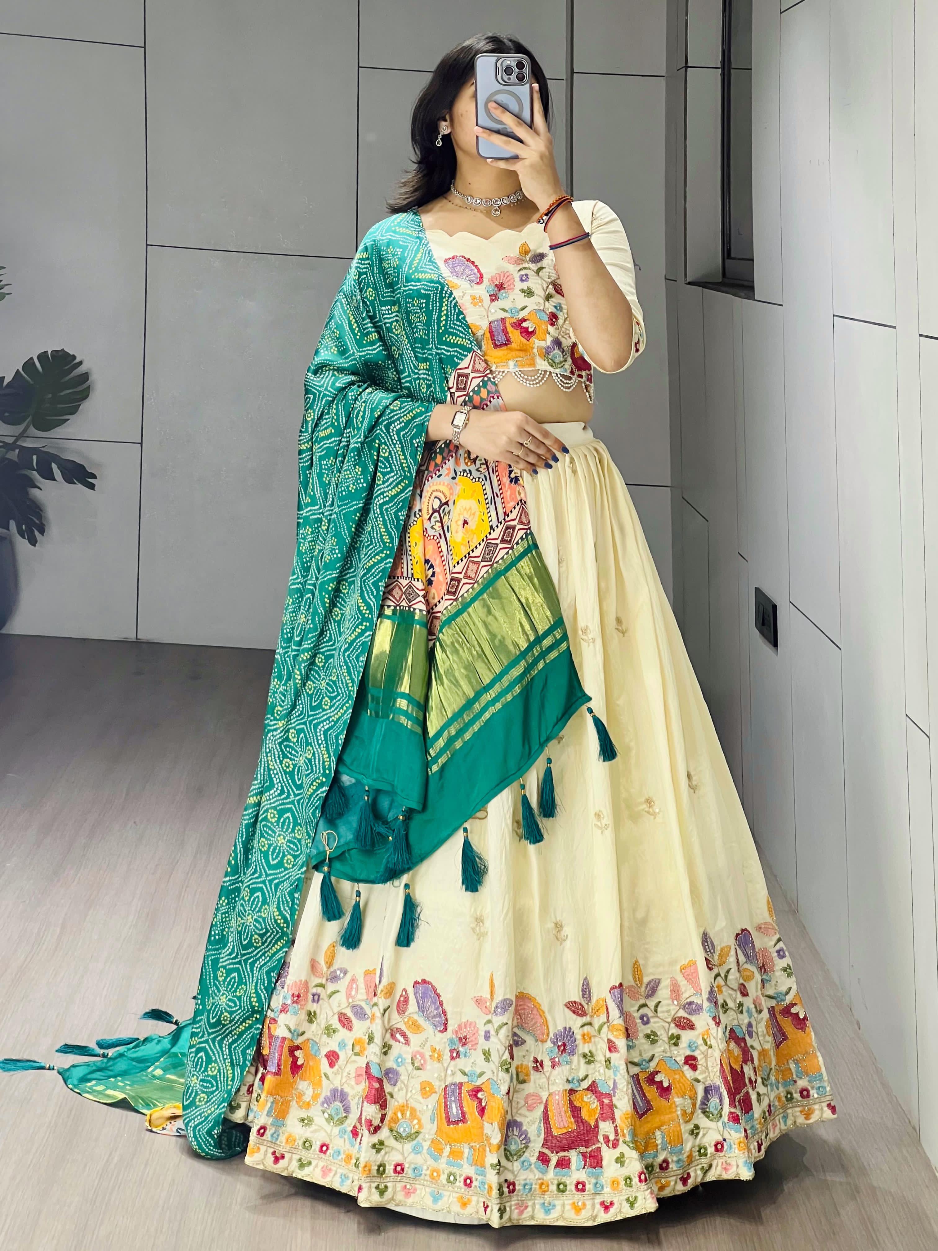 Cream Rama Pure Crush Vichitra Rich Semi Beads Embroidery Work Lehenga Choli 