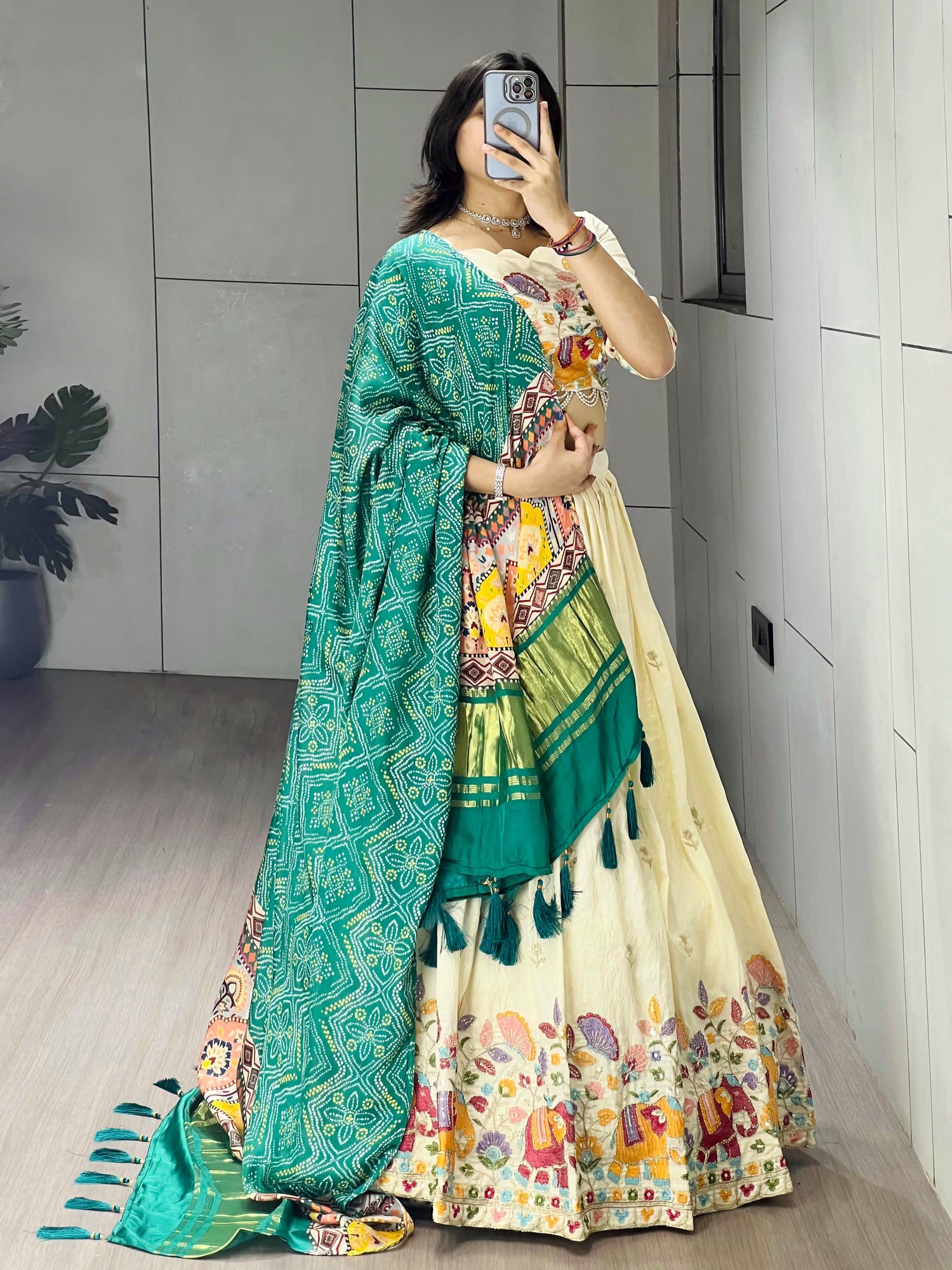 Cream Rama Pure Crush Vichitra Rich Semi Beads Embroidery Work Lehenga Choli 