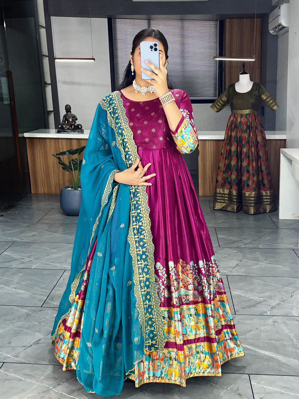 Wine Pure Soft Dola Silk With Kalamkari Print Lehenga Choli 