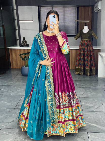 Wine Pure Soft Dola Silk With Kalamkari Print Lehenga Choli 
