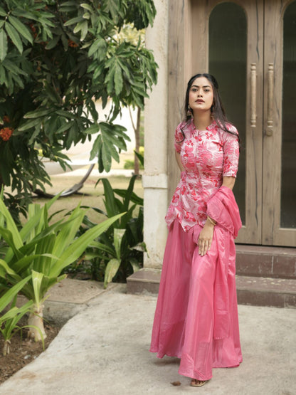 Pink Pure Chinon Printed with Embroidery Work Kurti with Plazzo 