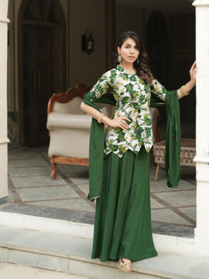 Green Pure Chinon Printed with Embroidery Work Kurti with Plazzo 