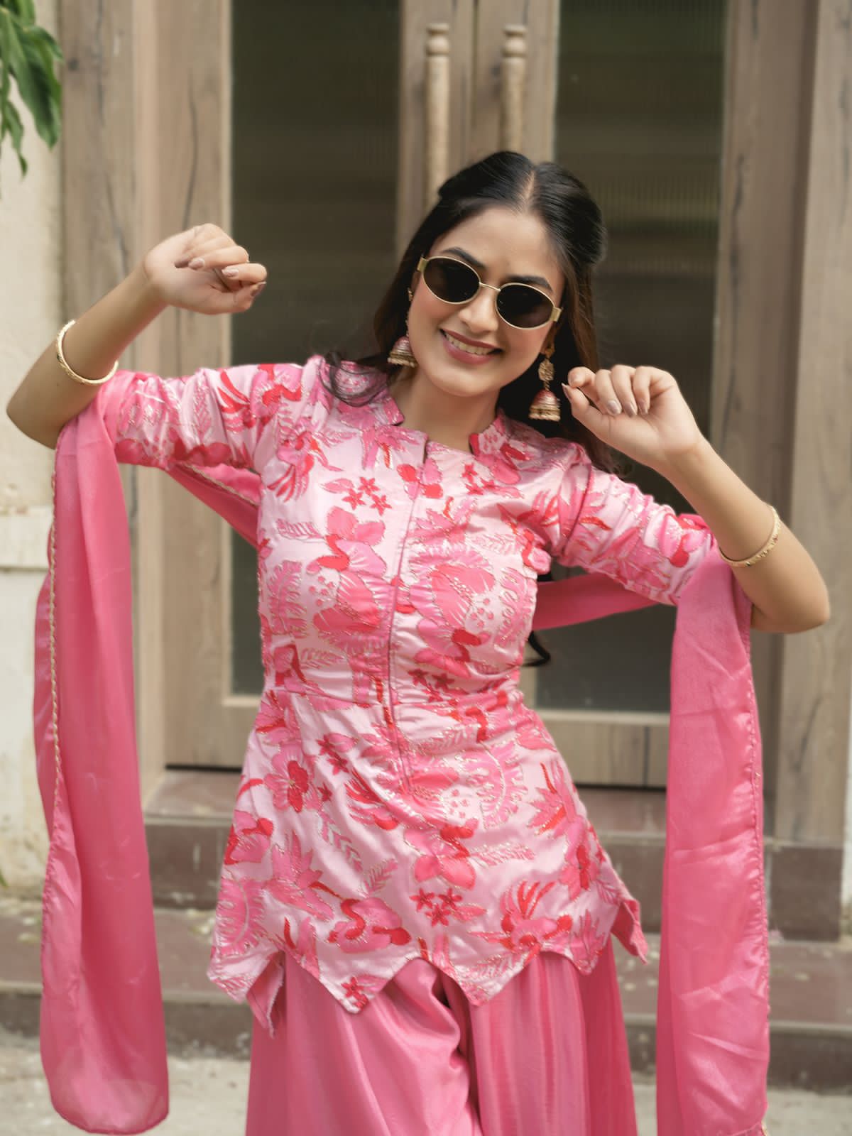 Pink Pure Chinon Printed with Embroidery Work Kurti with Plazzo 