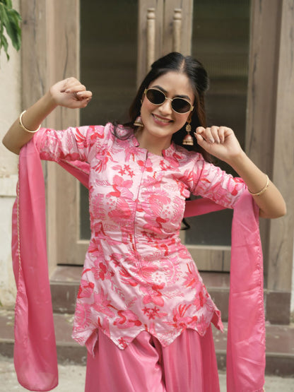 Pink Pure Chinon Printed with Embroidery Work Kurti with Plazzo 