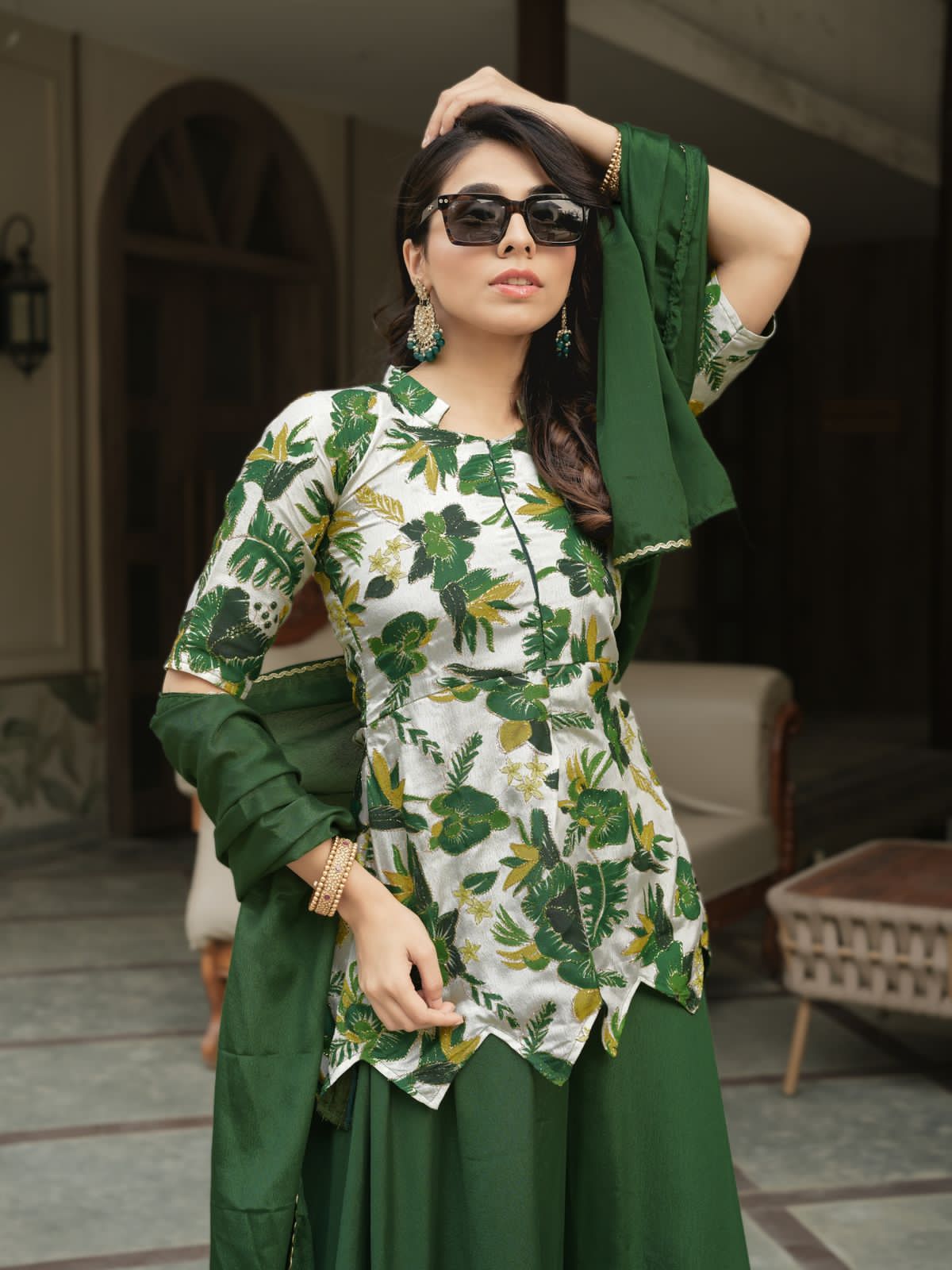 Green Pure Chinon Printed with Embroidery Work Kurti with Plazzo 