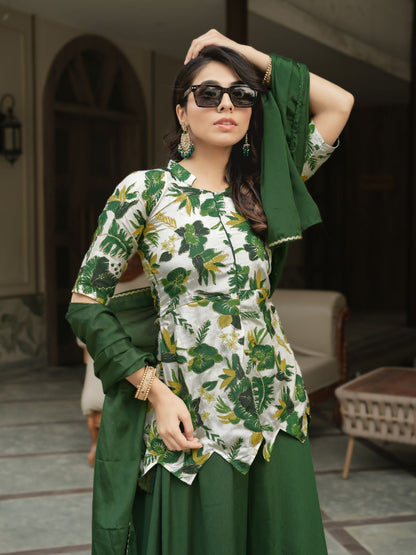 Green Pure Chinon Printed with Embroidery Work Kurti with Plazzo 