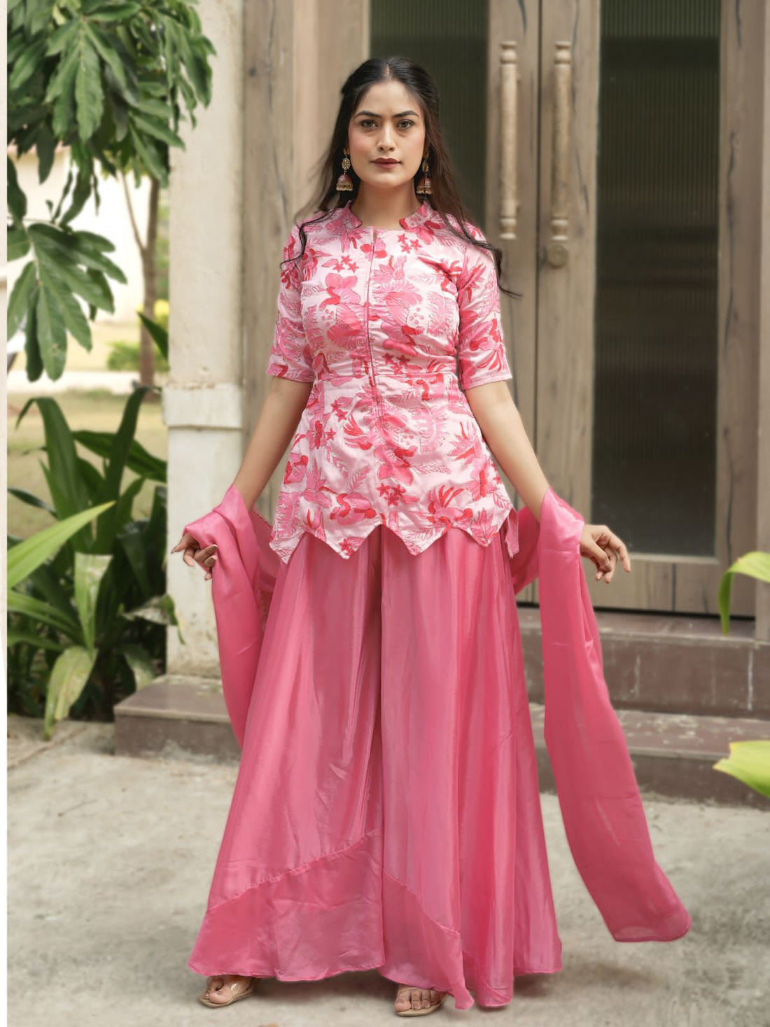 Pink Pure Chinon Printed with Embroidery Work Kurti with Plazzo 