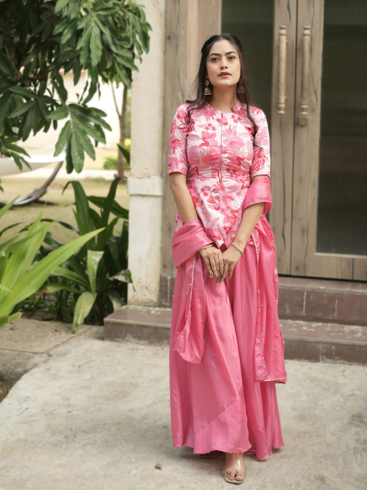 Pink Pure Chinon Printed with Embroidery Work Kurti with Plazzo 