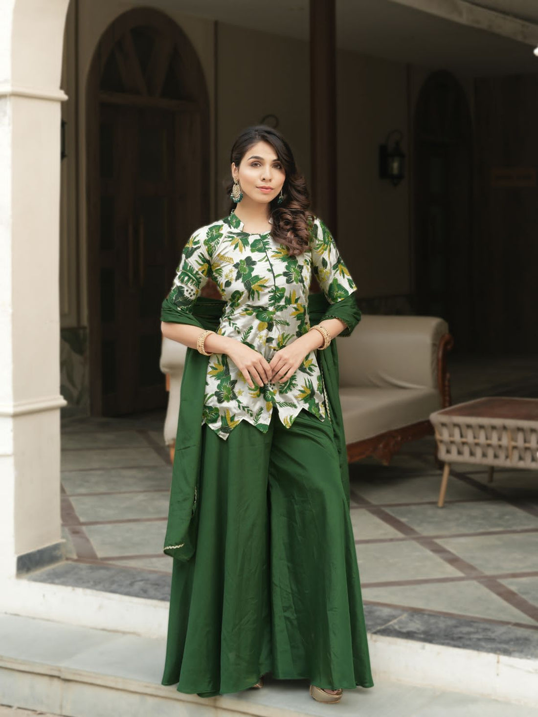 Green Pure Chinon Printed with Embroidery Work Kurti with Plazzo 
