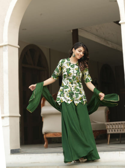 Green Pure Chinon Printed with Embroidery Work Kurti with Plazzo 