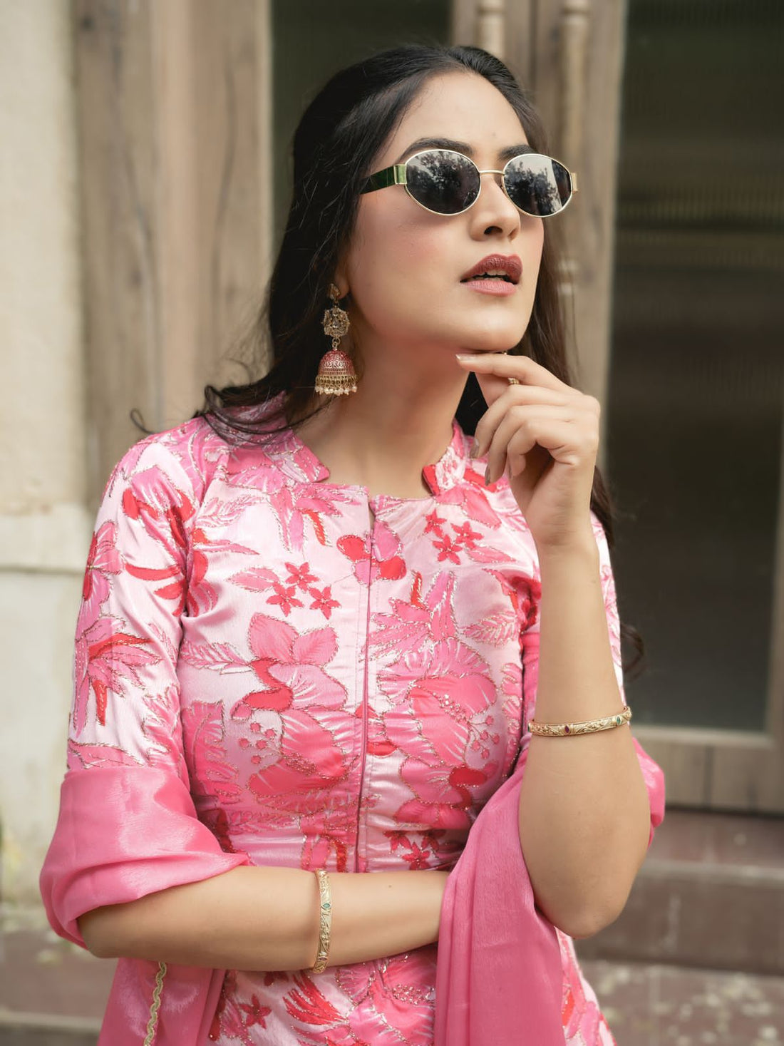 Pink Pure Chinon Printed with Embroidery Work Kurti with Plazzo 