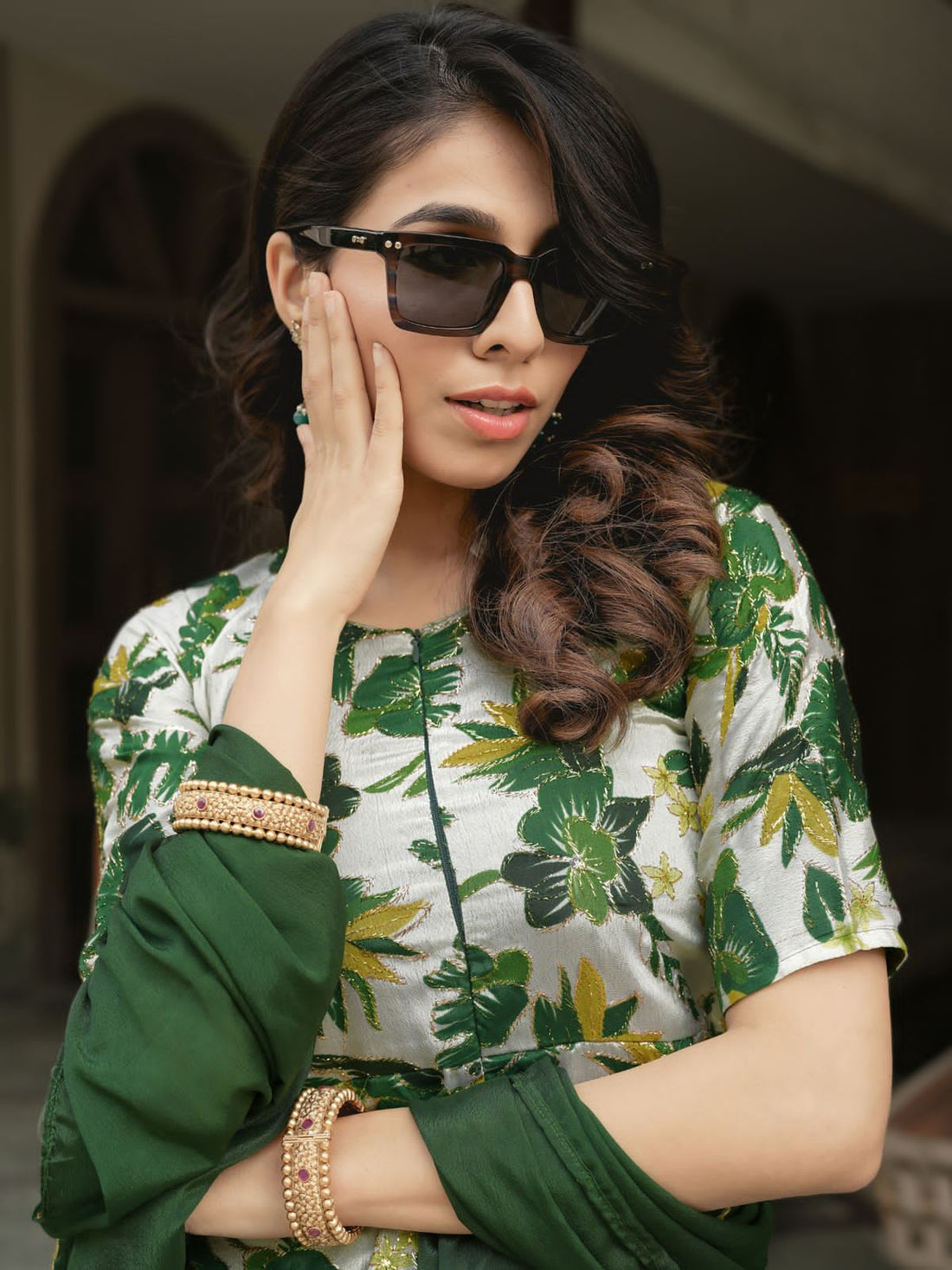 Green Pure Chinon Printed with Embroidery Work Kurti with Plazzo 