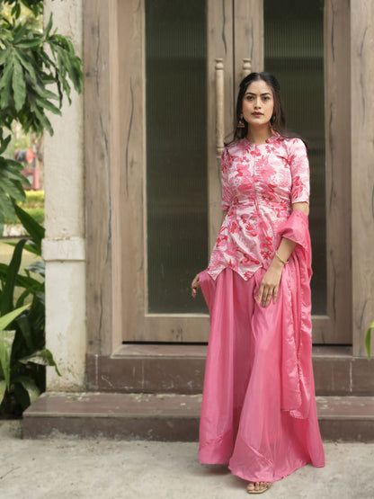 Pink Pure Chinon Printed with Embroidery Work Kurti with Plazzo 