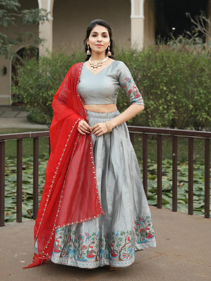 Silver Pure Soft Silk Zari Contrast Kalamkari Weaving Lehenga Choli 