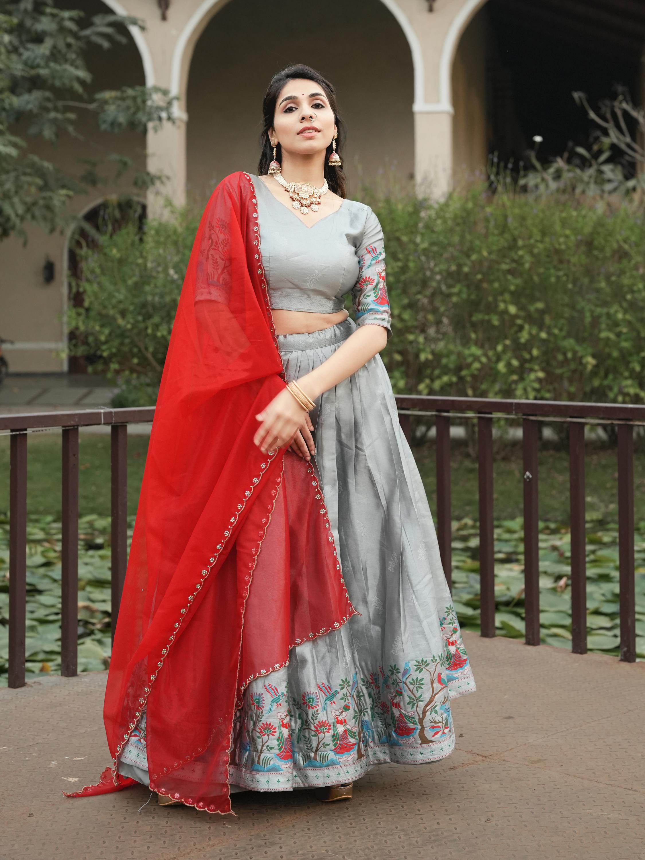 Silver Pure Soft Silk Zari Contrast Kalamkari Weaving Lehenga Choli 