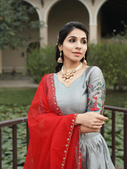 Silver Pure Soft Silk Zari Contrast Kalamkari Weaving Lehenga Choli 