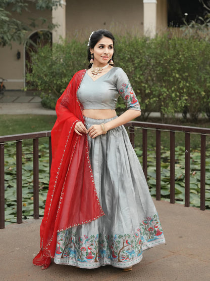 Silver Pure Soft Silk Zari Contrast Kalamkari Weaving Lehenga Choli 
