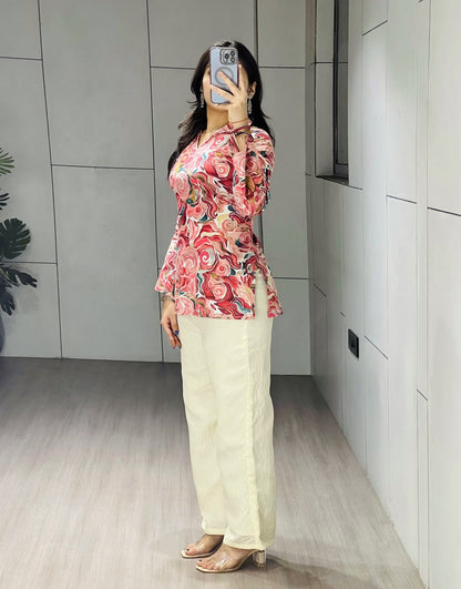 Cherry Pure Cambric Cottom Printed With Foil Work Short Kurti Plazzo 
