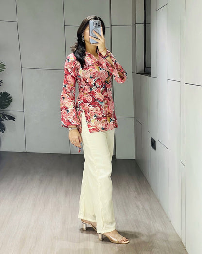 Cherry Pure Cambric Cottom Printed With Foil Work Short Kurti Plazzo 