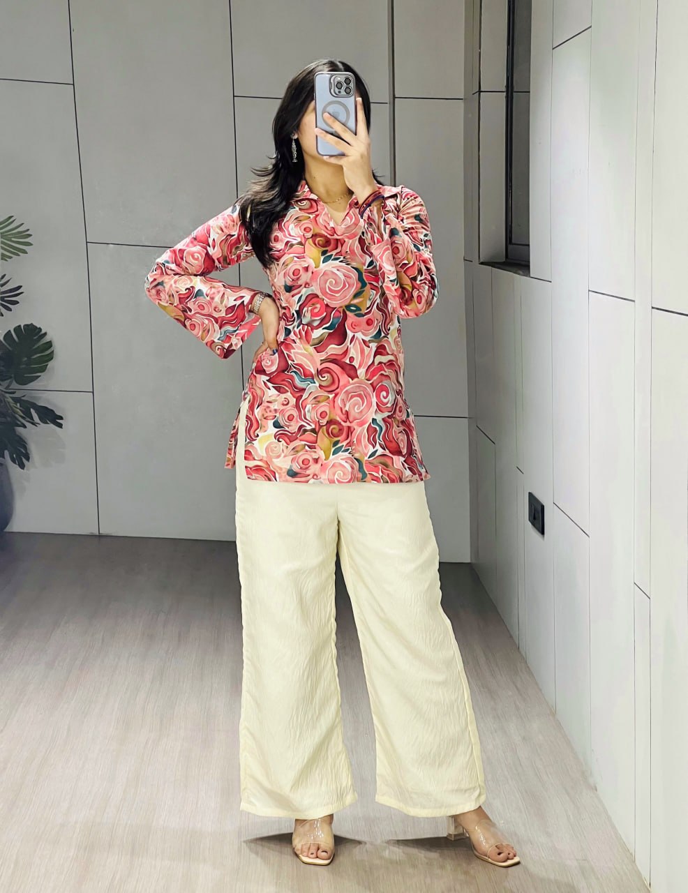 Cherry Pure Cambric Cottom Printed With Foil Work Short Kurti Plazzo 