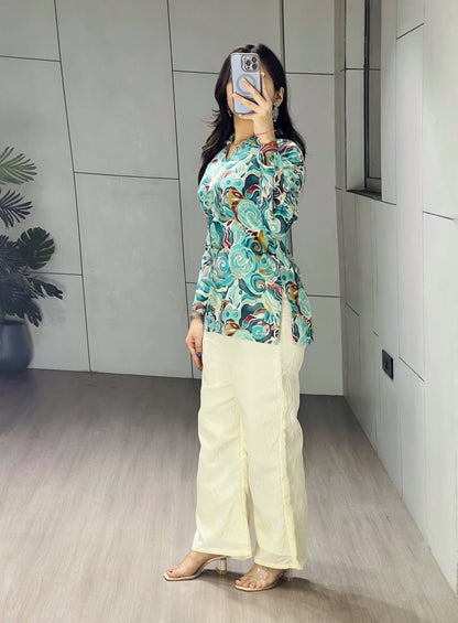 Rama Pure Cambric Cottom Printed With Foil Work Short Kurti Plazzo 
