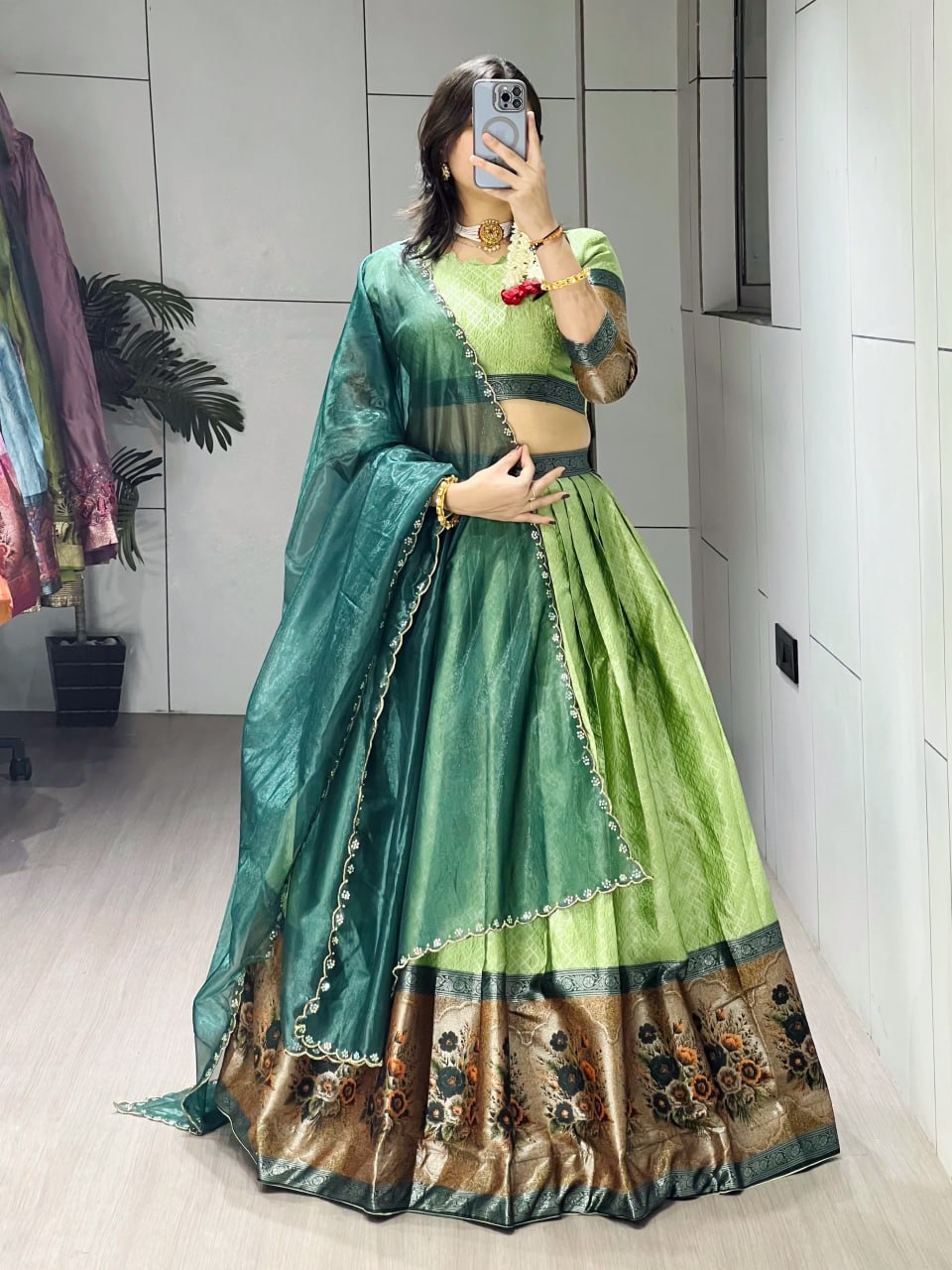 Parrot Pure Silk Zari Weaving Kalamkari Weaving Border Lehenga Choli 