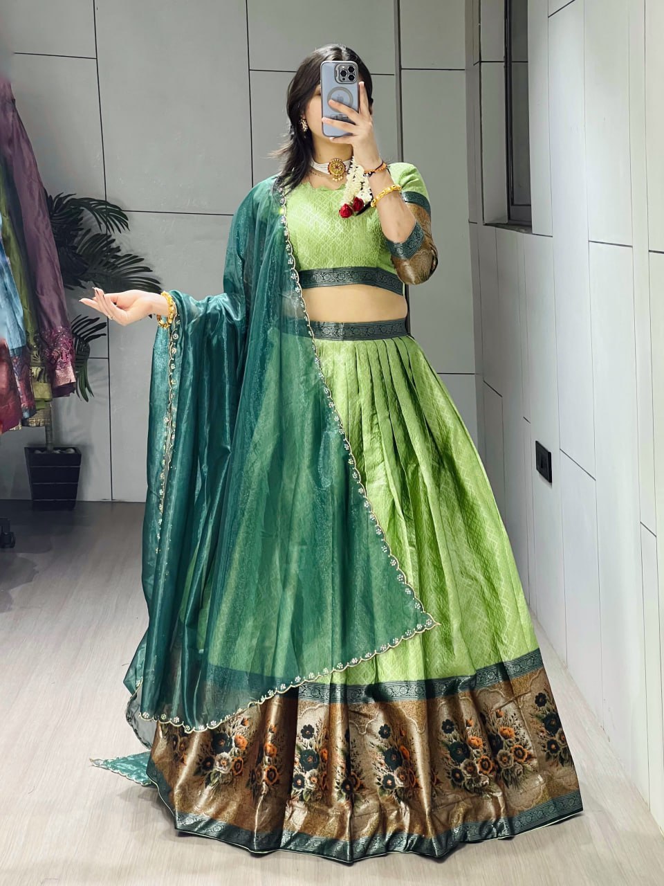 Parrot Pure Silk Zari Weaving Kalamkari Weaving Border Lehenga Choli 