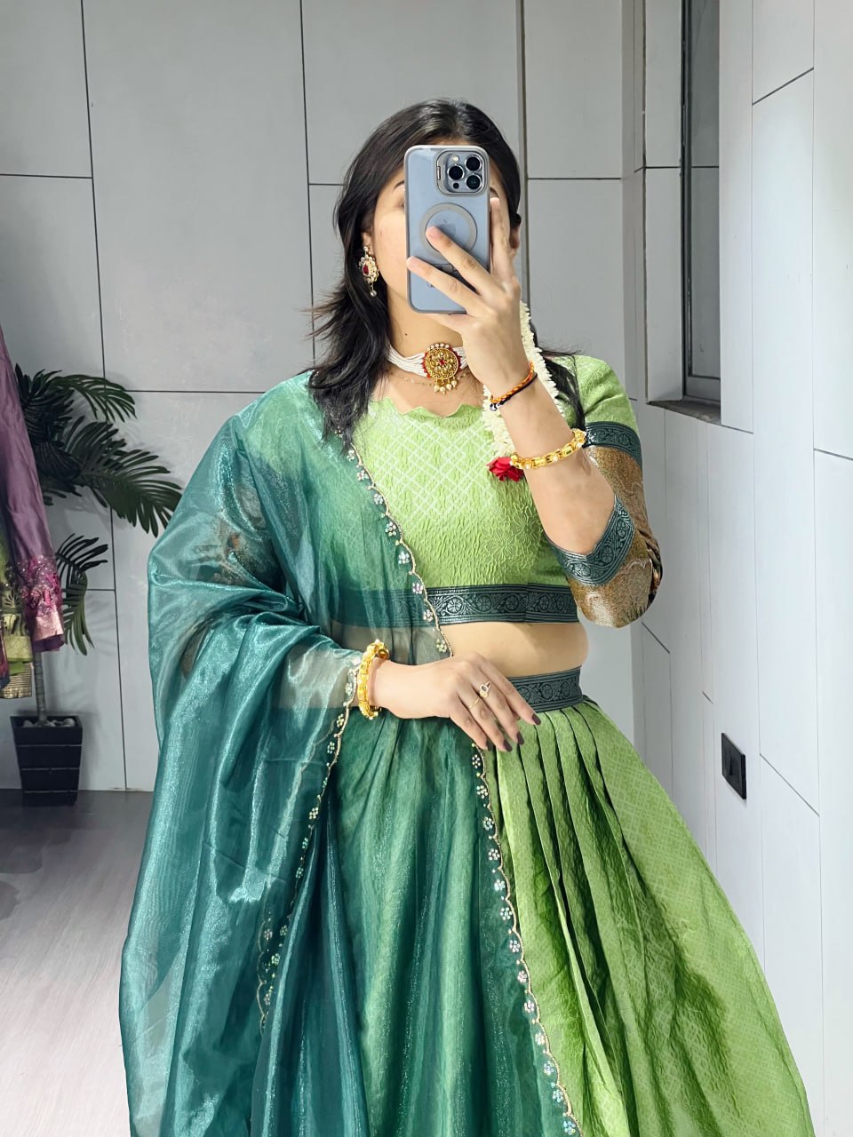 Parrot Pure Silk Zari Weaving Kalamkari Weaving Border Lehenga Choli 