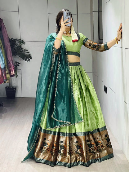 Parrot Pure Silk Zari Weaving Kalamkari Weaving Border Lehenga Choli 