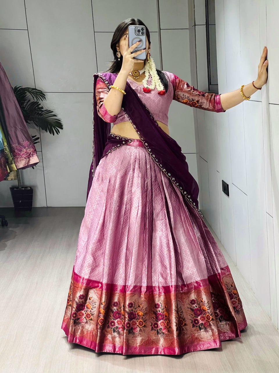 Wine Pure Silk Zari Weaving Kalamkari Weaving Border Lehenga Choli 