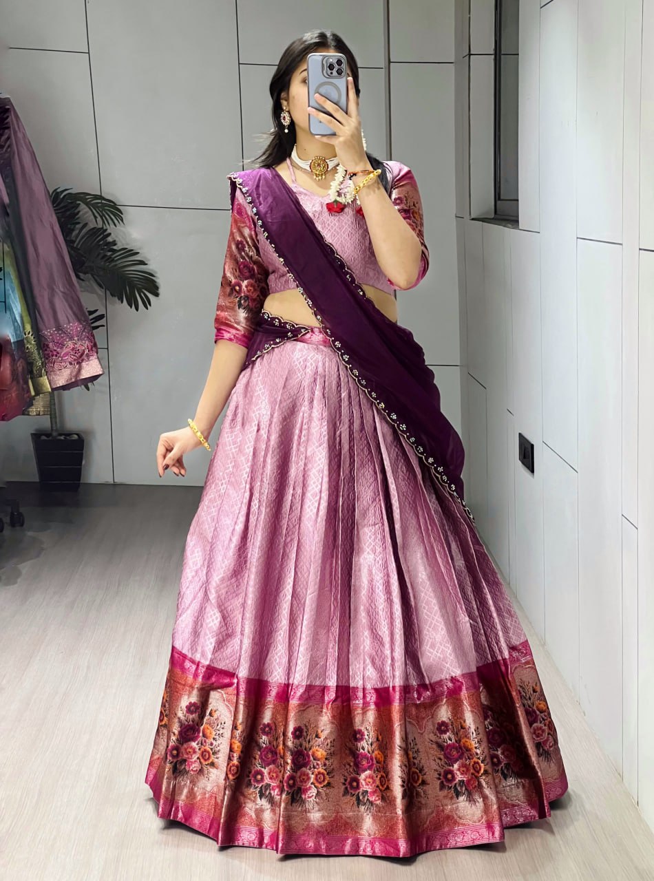 Wine Pure Silk Zari Weaving Kalamkari Weaving Border Lehenga Choli 
