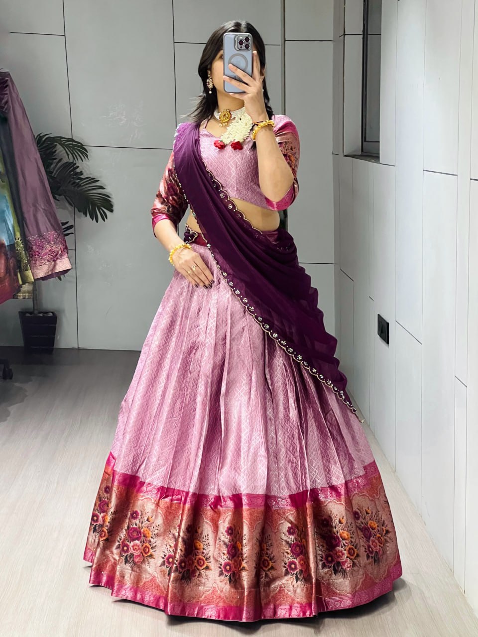 Wine Pure Silk Zari Weaving Kalamkari Weaving Border Lehenga Choli 