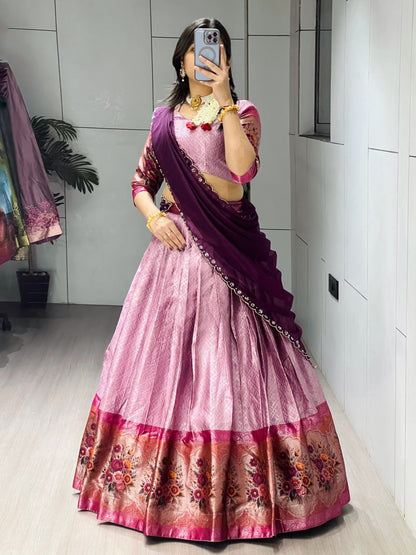 Wine Pure Silk Zari Weaving Kalamkari Weaving Border Lehenga Choli 